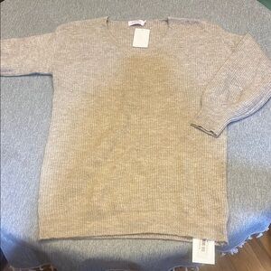 Tan V-Neck Sweater with Ribbed Cuffs